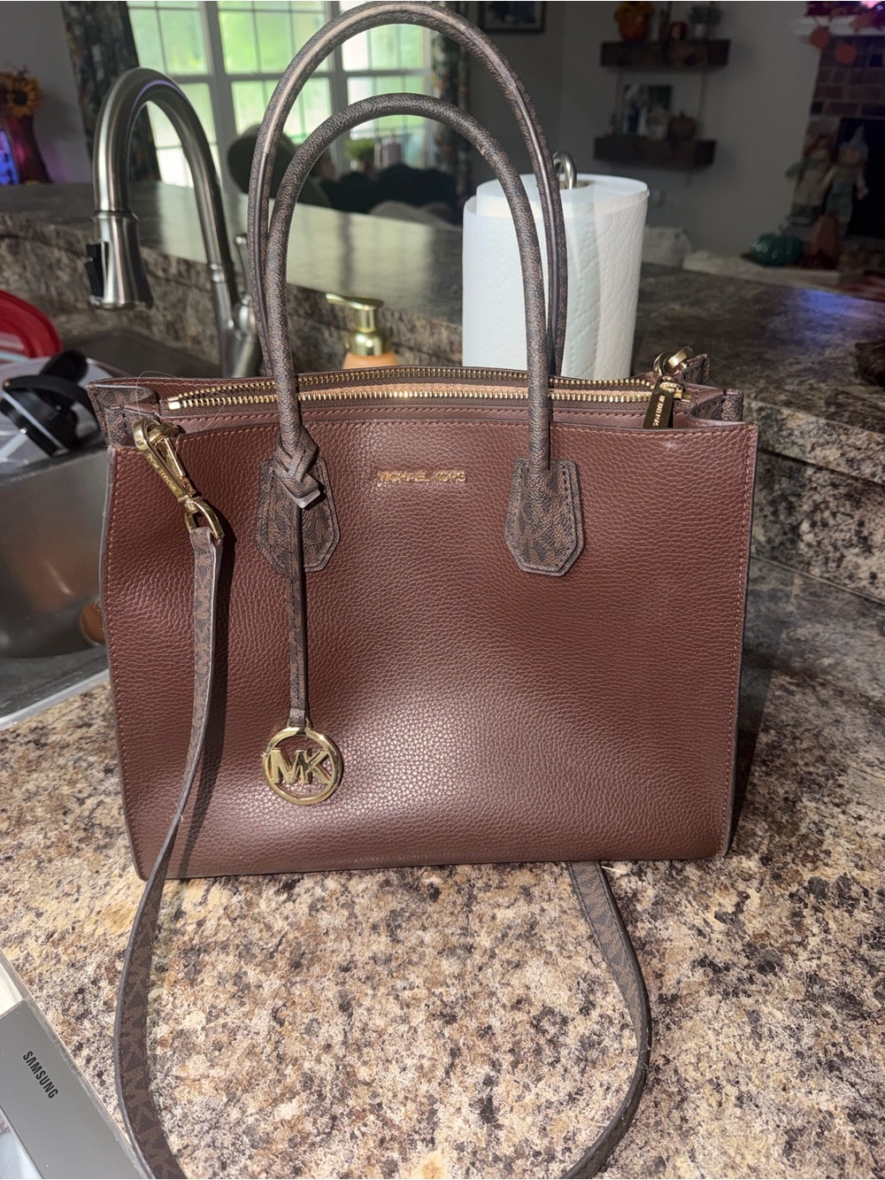 Michael Kors Chestnut Brown Leather Satchel with MK Charm